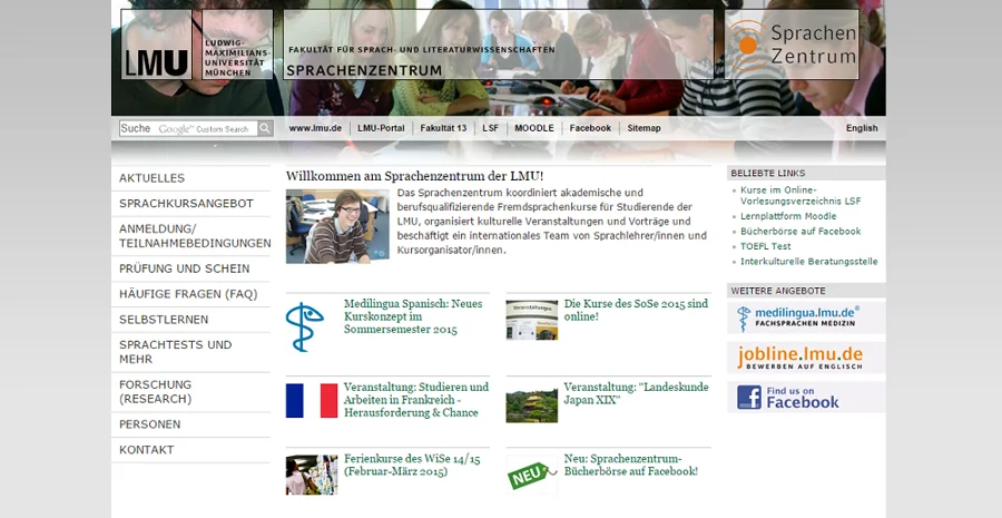Einblick in die Website des Sprachenzentrums der LMU München